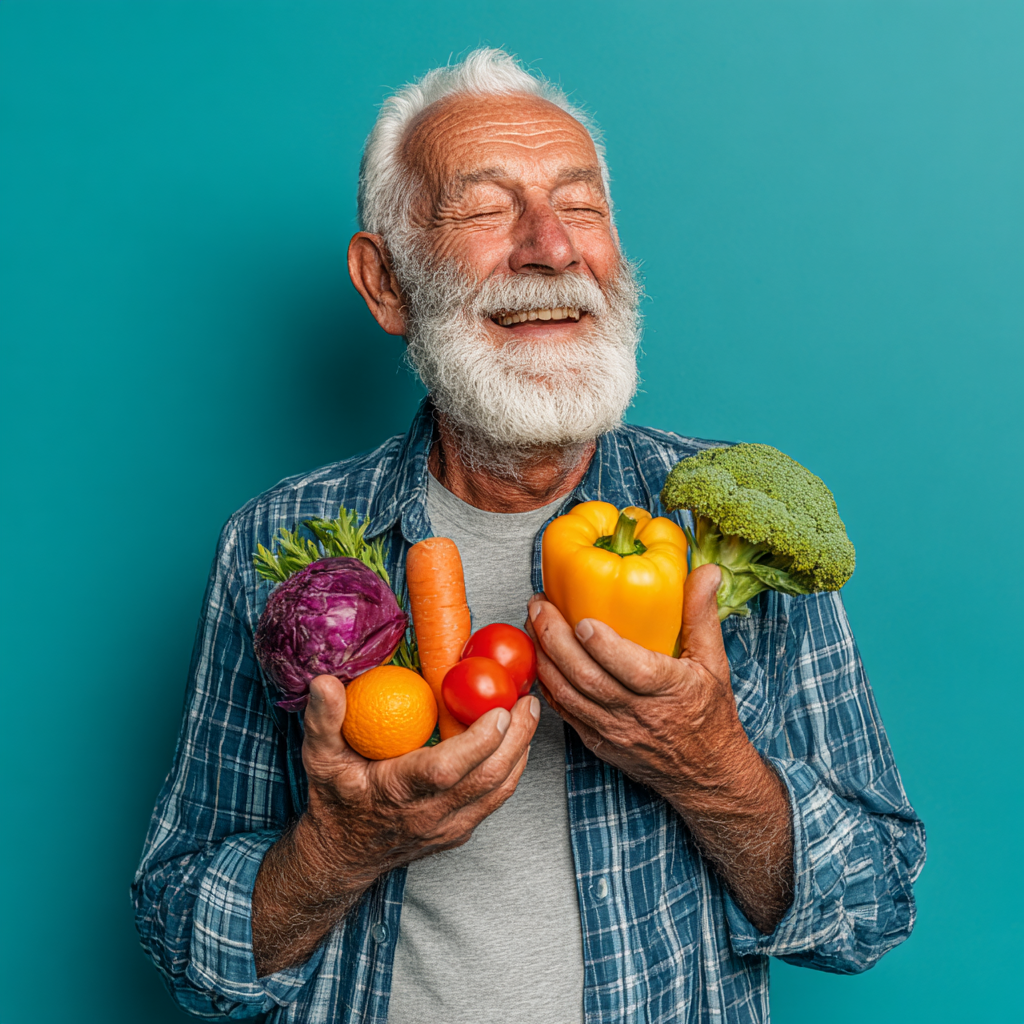 Happy mature man eating fresh colorful vegetables and fruits for eye health