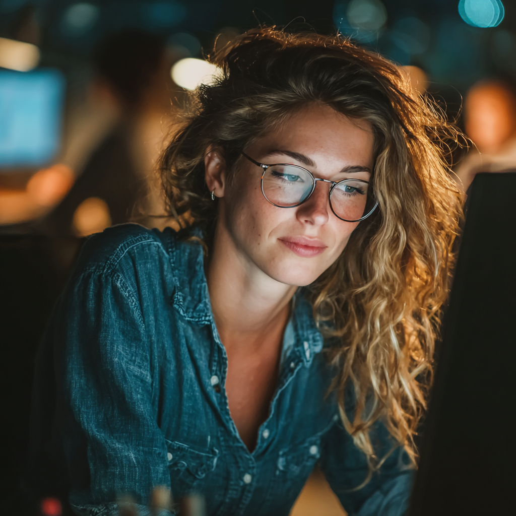 Professional woman working at computer with proper lighting and ergonomic setup for eye health